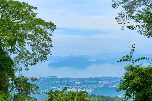 Natural landscape. Tropical island in Malaysia. Mountain jungle nature view from high viewpoint.