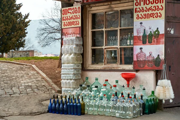 Street Counter Reception Sale Glass Bottles Tbilisi Georgia 2021 — Stock Photo, Image