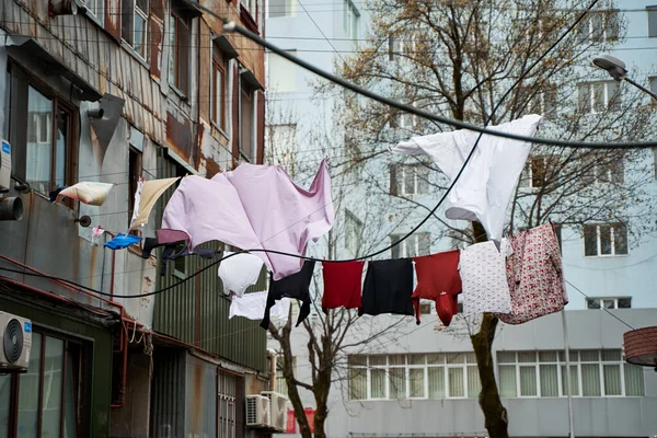 Household Traditions Georgia Linen Clothes Dried Balconies Ropes Buildings — Stock Photo, Image