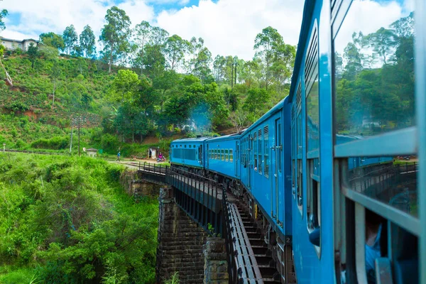 Синий Пассажирский Поезд Движется Джунглям Шри Ланки — стоковое фото