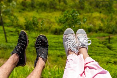 Turistlerin bacakları yeşil tarlaların arkasında trenden sarkıyor.