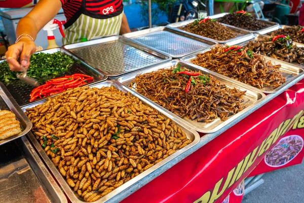 Mercado Comida Asiática Contador Com Insetos Fritos — Fotografia de Stock