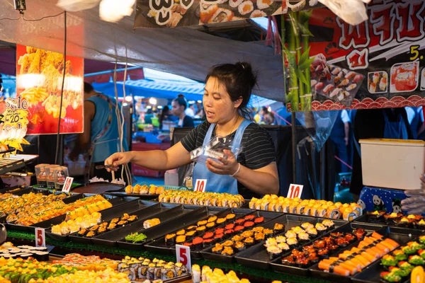 Night Food Market Asia Outdoor Sushi Counters Samui Tailand 2020 — Stock Photo, Image