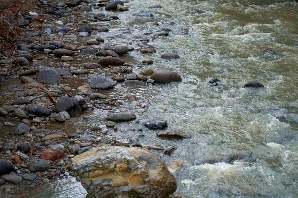 Orilla Rocosa Río Montaña Que Desciende Las Montañas Fluye Través — Foto de Stock