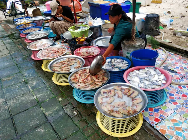 Licznik Świeżą Rybą Targu Rybnym Samui Tajlandia 2020 — Zdjęcie stockowe