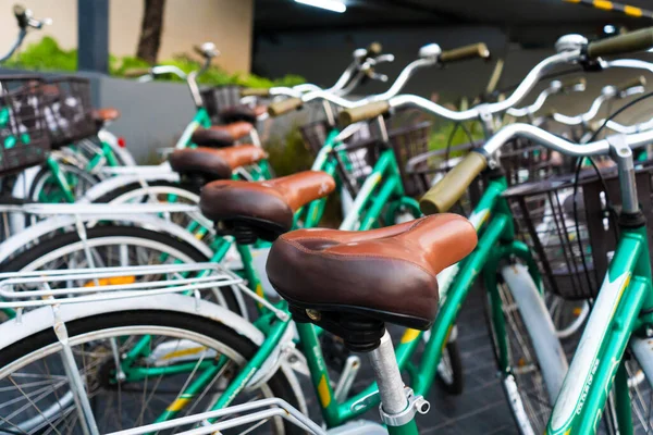 Fahrradabstellplätze Fahrradverleih Identische Fahrräder Auf Dem Parkplatz — Stockfoto