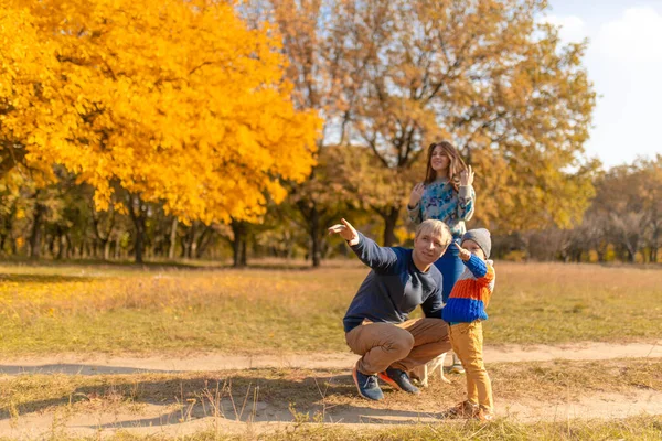 Młoda Rodzina Małym Dzieckiem Psem Spędzają Razem Czas Spacerze Jesiennym — Zdjęcie stockowe