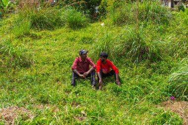 Sri Lanka adasında trenle seyahat etmek. Demiryolu boyunca yerel halk. Colombo, Sri lanka - 02.03.2018