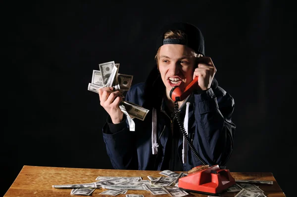 Startled man with phone — Stock Photo, Image