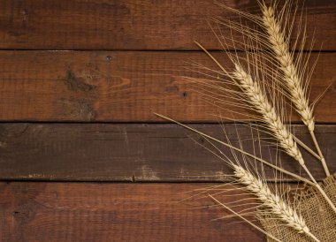 Buğday taneleri kopya alanı yıpranmış ahşap zemin üzerine. Düz Lay