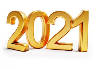 Yeni yıl konsepti. Altın sayı 2021, beyaz arka planda izole edildi. 3d oluşturma