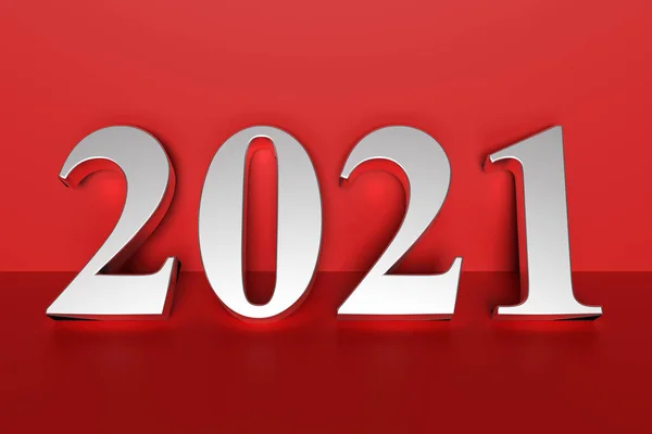 新年のコンセプト 2021年は赤を背景に銀数 3Dレンダリング — ストック写真