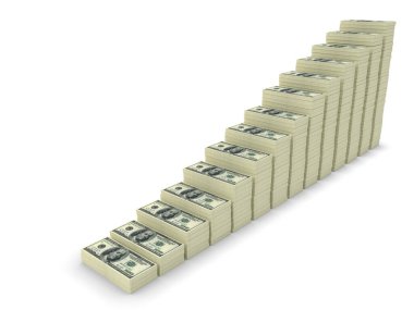 Beyaz üzerine izole edilmiş dolarlardan yığınla para. Finans kavramsal