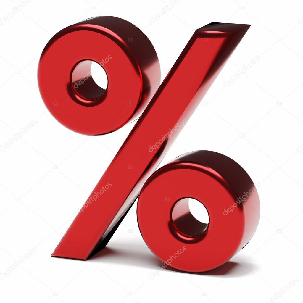 Red percentage sign isolated on white. Business concept. 3d rendering