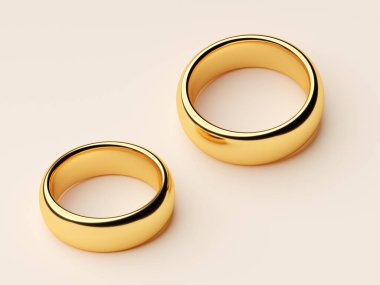 İki altın yüzük yan yana duruyor. Aşk konsepti. 3d oluşturma