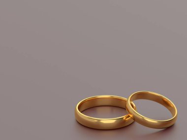 Gri arka planda iki altın yüzük yan yana duruyor. 3d oluşturma
