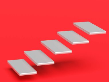 Soyut merdiven. Kırmızı arka planda basamakları olan merdivenler, iş kavramı. 3d oluşturma