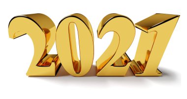 Yeni yıl konsepti. Altın sayı 2021, beyaz üzerine izole edilmiş. 3d oluşturma
