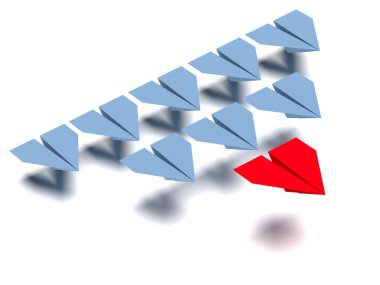 Liderlik kavramı. Bir kırmızı lider uçağı diğer gri uçakları öne çekiyor. 3d oluşturma