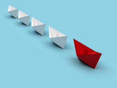 Liderlik ve iş kavramı. Bir kırmızı lider gemisi diğer beyaz gemileri ileri götürüyor. 3d oluşturma