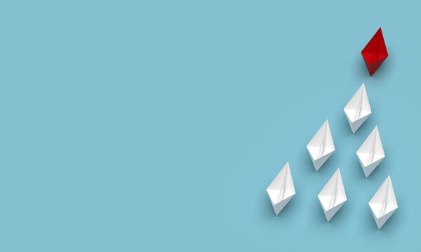Leadership and business concept. Red leader ship leads other ships forward with blank background. 3d rendering