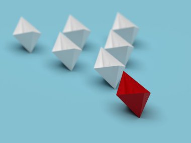 Liderlik ve iş kavramı. Bir kırmızı lider gemisi diğer beyaz gemileri ileri götürüyor. 3d oluşturma
