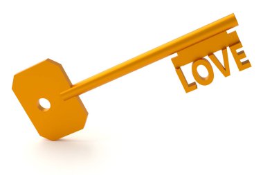 Duygu kavramları. Sevgi sözcüğünün anahtarı beyazda izole edilmiş. 3d renderin