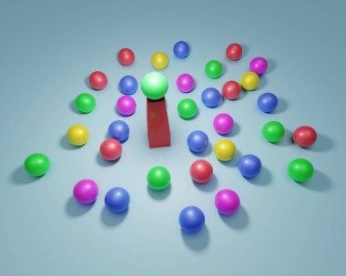 Liderlik. Bir liderin ve astlarının kavramsal imajı. İş ekibi çalışması. Renkli balonlar.