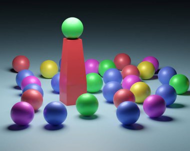 Liderlik. Bir liderin ve astlarının kavramsal imajı. İş ekibi çalışması. Renkli balonlar.