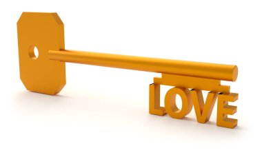 Duygu kavramları. Sevgi sözcüğünün anahtarı beyazda izole edilmiş. 3d oluşturma