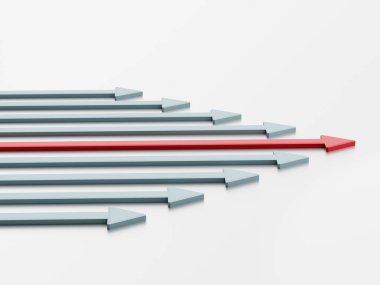 Liderlik kavramı. Bir kırmızı lider oku takımı ileri götürüyor. 3d oluşturma
