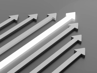 Liderlik kavramı. Bir kırmızı lider oku takımı ileri götürüyor. 3d oluşturma