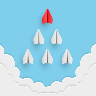 Bireysel kırmızı lider kağıt uçak diğerini yönlendiriyor. İş ve liderlik kavramı