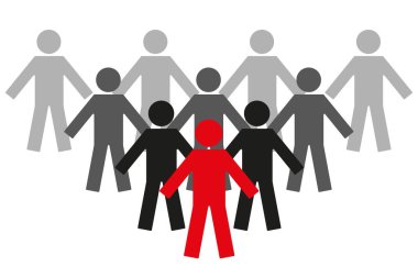 Bireysellik kavramı. Tek bir kırmızı adam ve farklı bir siyah. Vektör İllüstrasyonu