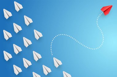 Bireysellik kavramı. Bireysel ve benzersiz lider kırmızı kağıt uçak yana doğru uçuyor. Vektör illüstrasyonu 