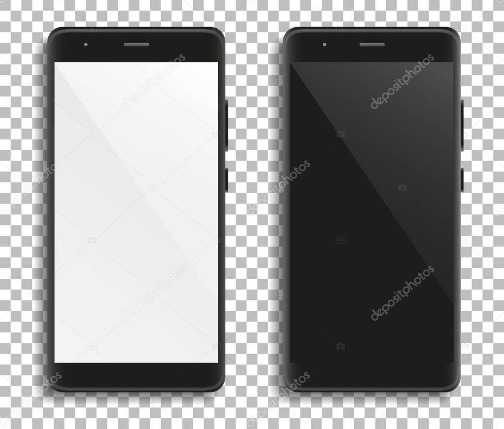 Modern telephones with blank white and black touchscreens on transparent  background for design. Vector illustration