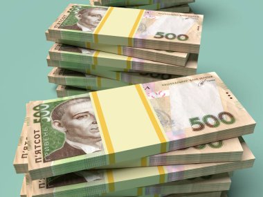 500 banknotla birlikte bir yığın Ukrayna parası (Grivna, Hryvna). Finans kavramı