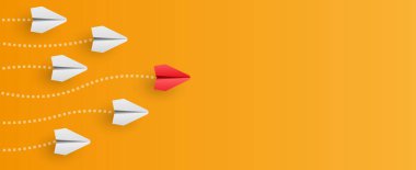 Bireysel kırmızı lider kağıt uçak diğerini yönlendiriyor. İş ve liderlik kavramı