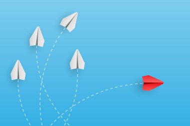 Bireysellik kavramı. Bireysel ve benzersiz lider kırmızı kağıt uçak yana doğru uçuyor. Farklı düşün. Vektör illüstrasyonu 