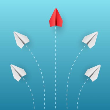 Bireysellik kavramı. Bireysel ve benzersiz lider kırmızı kağıt uçak yana doğru uçuyor. Farklı düşün. Vektör illüstrasyonu 
