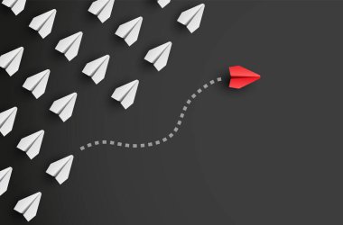 Bireysellik kavramı. Bireysel ve benzersiz lider kırmızı kağıt uçak yana doğru uçuyor. Vektör illüstrasyonu 