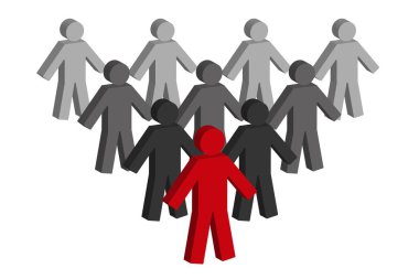 Bireysellik kavramı. Tek bir kırmızı adam ve farklı bir siyah. 3d vektör Illustratio