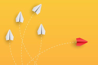 Bireysellik kavramı. Bireysel ve benzersiz lider kırmızı kağıt uçak yana doğru uçuyor. Farklı düşün. Vektör illüstrasyonu 