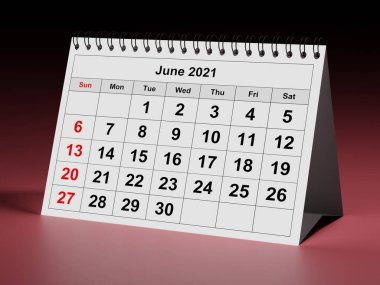 Aylık takvimin bir sayfası - Haziran 2021. 3d oluşturma