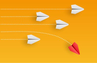 Bireysellik kavramı. Bireysel ve benzersiz lider kırmızı kağıt uçak yana doğru uçuyor. Vektör illüstrasyonu 