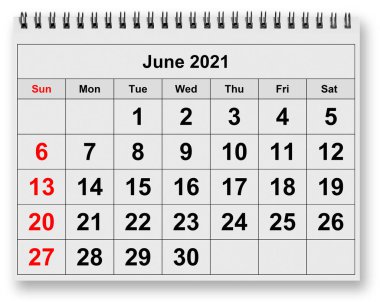 Aylık takvimin bir sayfası - Haziran 2021