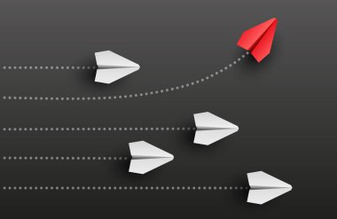 Bireysellik kavramı. Bireysel ve benzersiz lider kırmızı kağıt uçak yana doğru uçuyor. Vektör illüstrasyonu 