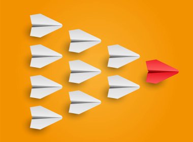 İş ve liderlik kavramı. Bireysel kırmızı lider kağıt uçak diğerini yönlendiriyor. Vektör illüstrasyonu