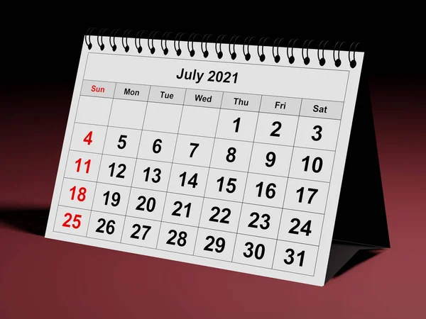 Jedna Strona Rocznego Kalendarza Miesięcznego Lipiec 2021 Renderowanie — Zdjęcie stockowe
