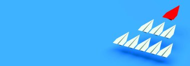 Liderlik kavramı. Kırmızı Lider uçağı diğer uçakları boş fotokopi arkaplanıyla ileri doğru götürüyor. 3d oluşturma